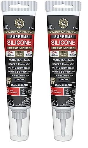 GE Supreme Silicone Caulk for Kitchen & Bathroom - 100% Waterproof Silicone Sealant, 7X Stronger Adhesion, Shrink & Crack Proof - 2.8 fl oz Tube, Clear, 2 Pack