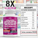 Collagen Pills 1000mg Biotin 10000mcg Keratin Saw Palmetto 2500mg Hyaluronic Acid - Hair Skin and Nails Vitamins and DHT Blocker with Vitamin E Folic Acid Pumpkin Seed MSM Made in USA - 270 Count