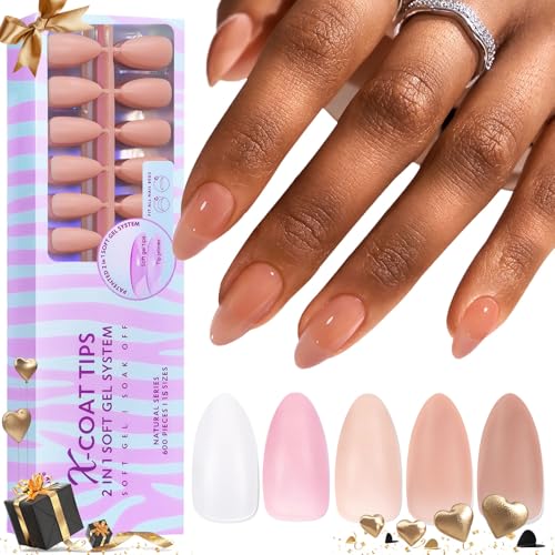 BTArtbox Soft Gel Nail Tips Almond, 600PCS 5 Colors XCOATTIPS Natural Pre-applied Tip Primer Cover, Pre-colored 15 Sizes Medium Press On Nails Soak Off Fake Nails for Nail Art DIY