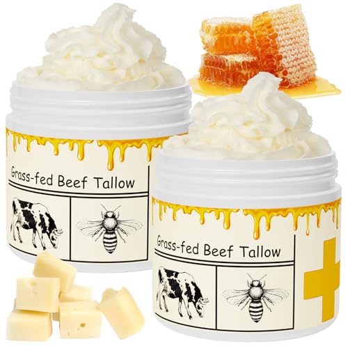 Beef Tallow for Skin, Beef Tallow, Tallow and Honey Cream, Grass Fed Beef Tallow, Organic Whipped Beef Tallow for Face Moisturizer for All Purpose with Raw Honey Tallow Balm, 2 pack