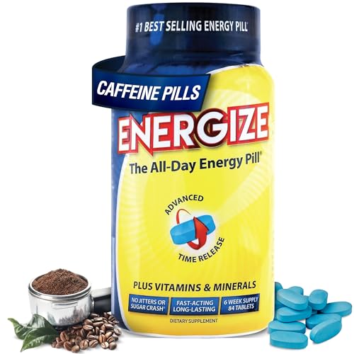 Energize Caffeine Pills, Fast Acting All Day Energy Pills & Natural Nootropics Support Supplement with Time Release Caffeine, Energy Support for Men and Women, No Jitters, No Crash (84 Tablets)