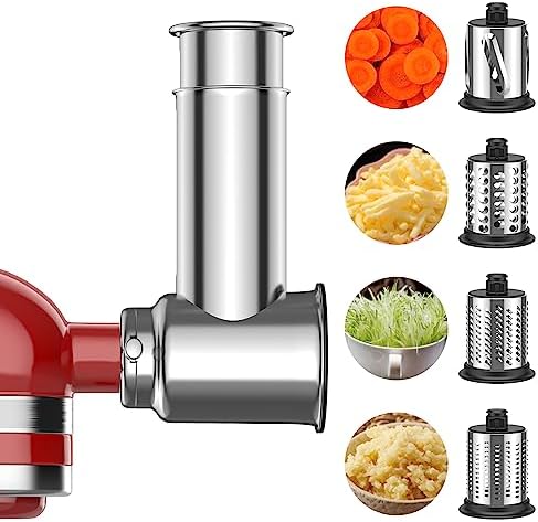 GVODE Stainless Steel Slicer Shredder Attachment for KitchenAid Stand Mixers, Cheese Grater Attachment For Kitchenaid, Salad Maker, Grinding Powder, Dishwasher Safe with 4 Blades
