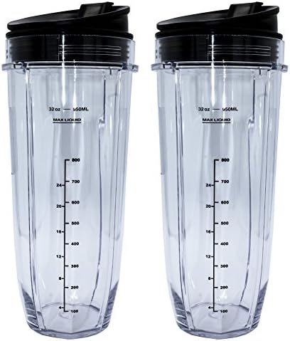 Blendin 32 Ounce Cup with Sip N Seal To Go Lids - Extra Large Replacement Jar Compaible with Nutri Ninja Auto-iQ 1000W and Duo Blenders - Premium Blender Cups Replacement (2 Pack)