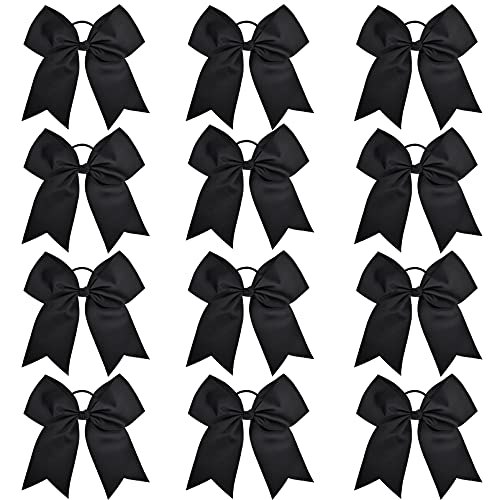 12 Pcs Large Cheer Bows 8" Bulk Hair Bow Accessories with Ponytail Holder for Girls High School College Cheerleading