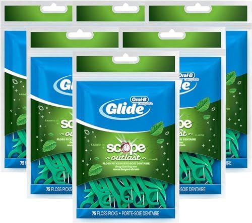 Oral-B Complete Glide Dental Floss Picks Plus Scope Outlast, Long Lasting Mint, 75 Dental Floss Picks, Pack of 6 | ?? Exclusive