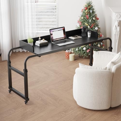 Overbed Table with 360° Wheels, Queen Size Mobile Bed Desk, Recliner Table Over Bed Table Adjustable Height and Length Overbed Table with Heavy Duty Metal Leg for Hospital and Home use