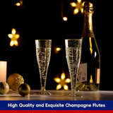 JOLLY CHEF 100 Pack Plastic Champagne Flutes Disposable 4.5 oz Gold Glitter Plastic Champagne Glasses Perfect for Wedding, Thanksgiving Day, Christmas