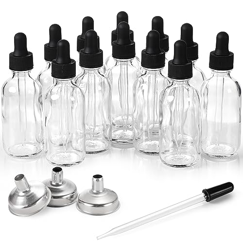 12 Pack, 2 oz Glass Eye Dropper Bottles w/ 3 Stainless Steel Funnels & 1 Long Pipette Dropper & 24 Labels - 60ml Clear Tincture Bottles for Essential Oils, Liquids - Leakproof Travel Essential Bottles