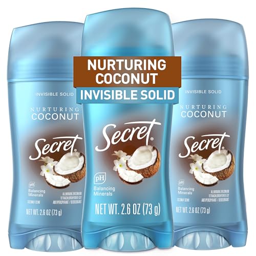 Secret Fresh Antiperspirant and Deodorant for Women, 48hr Freshness, Sweat & Odor Protection, PH Balancing Minerals, Invisible Solid, Coconut Scent, 2.6 oz (Pack of 3)