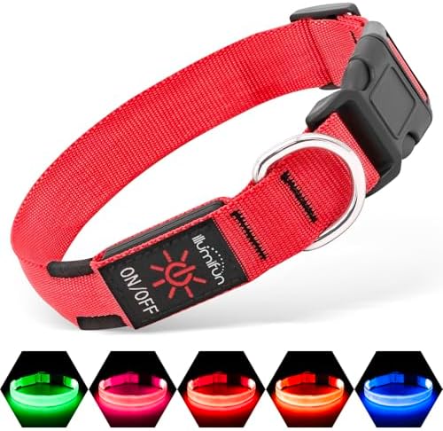 Illumifun Light Up Dog Collar - USB Rechargeable LED Dog Collar Glow in The Dark, Adjustable Pet Collar Light for Night Walking (Red, Medium)
