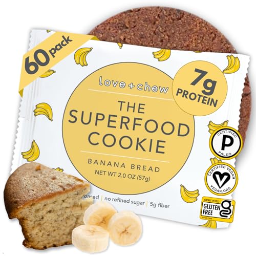 Love + Chew Tasty, Gluten Free Cookies - Bulk Box - Banana Bread - Vegan, Healthy, Paleo, Non GMO Snacks - Individually Wrapped and Soft Baked - Made from High Protein Almonds - 2 Ounce Each, 60 Count