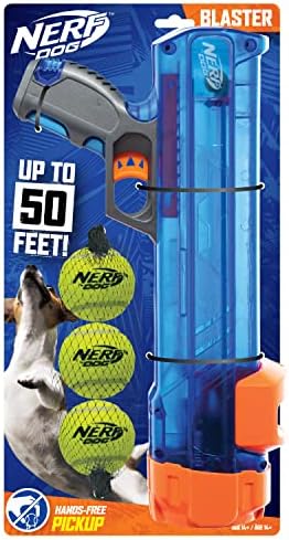 Nerf Dog Tennis Ball Blaster Dog Toy Gift Set, Tennis Ball Dog Fetch Toy Launches up to 50 ft, Dog Ball Thrower for All Breeds Includes Translucent Blue Tennis Ball Launcher and 3 Dog Tennis Balls