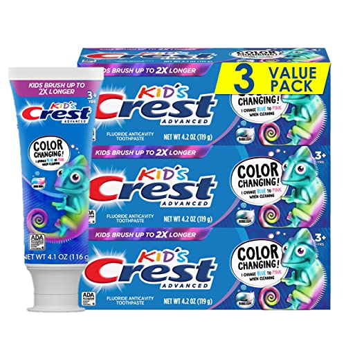 Crest Kids Advanced Fluoride Toothpaste, Bubblegum Flavor, 4.2 oz, 3 Count, Color-Changing Anticavity Toothpaste, Crest Kids Toothpaste, Kids Toothpaste with Fluoride