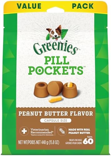 Greenies Pill Pockets for Dogs Capsule Size Natural Soft Dog Treats with Real Peanut Butter, 15.8 oz. Pouch (60 Treats)