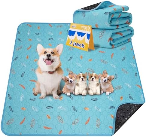 Washable Pee Pads for Dogs 2-Pack Reusable Puppy Pads Pet Training Pads, Waterproof Dog Pee Pads for Crate, Whelping Pad, Non-Slip Protects Against Urine Leakage (Leaves - Sky Blue, 31x36)