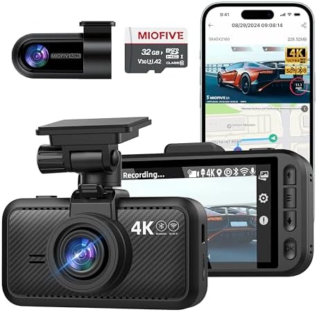 Miofive Dash Cam Front and Rear, 4K+2K Dual Dash Camera for Cars, Includes a 32GB Card, Built-in Wi-Fi, Bluetooth, GPS, Night Vision, HDR, 24-Hour Parking Mode, app Control, and Supports up to 512GB