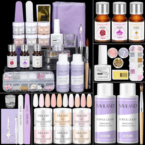 SAVILAND Acrylic Nail Kit with Essential Oils: 6 Colors Acrylic Powder and Acrylic Liquid with Practice Mat Acrylic Nail Set for beginners with Everything for Starter DIY Home Nails Art