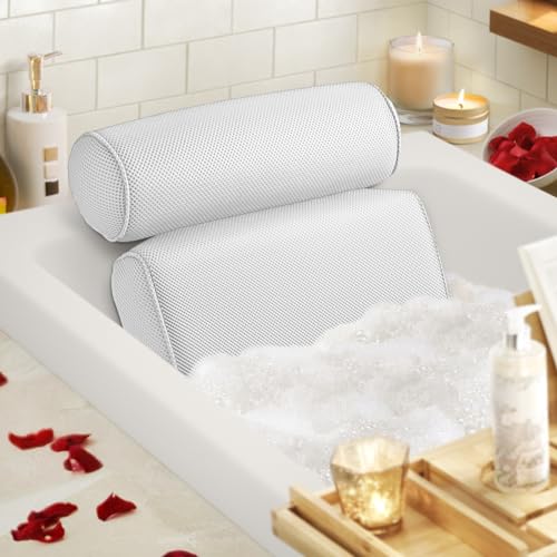 LuxStep Bath Pillow Bathtub Pillow with 6 Non-Slip Suction Cups for Head,Neck and Back Support, Extra Thick and Soft Air Mesh Spa Pillow for Bath - Fits All Bathtub, 15.35x14.56 Inch, White