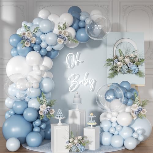 Dusty Blue Balloon Arch Kit 126 Pcs Blue and White Balloon Arch Garland Kit Include Light Blue Macaron Blue White Balloons for Wedding Birthday Baby Shower Gender Reveal Decorations