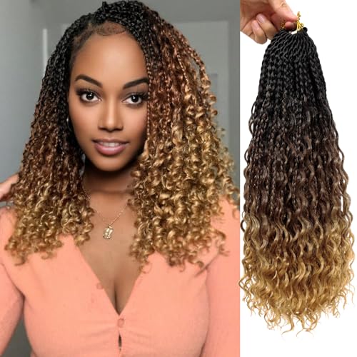Goddess Box Braids Crochet Hair 14 Inch 7 Packs Boho Hair for Women Pre Looped Crochet Box Braids with Curly Ends, T1B/3/27