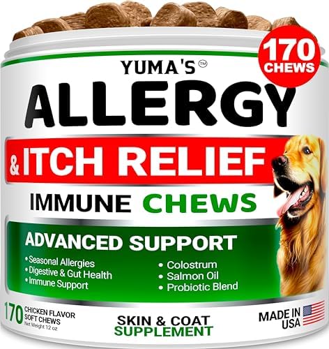 YUMA'S Dog Allergy Relief Chews - Dog Itching Skin Relief Treatment Pills - 170 Treats - Anti-Itch Chewables - Itchy and Paw Licking - Hot Spots - Omega 3 Fish Oil - Dry Skin & Coat Supplement