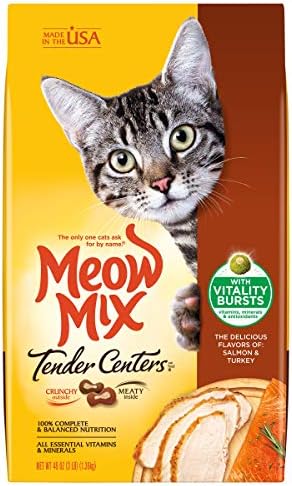 Meow Mix Tender Centers Dry Cat Food, Salmon & Turkey with Vitality Bursts, 3 Pound (Pack of 4), Crunchy Outside Meaty Inside