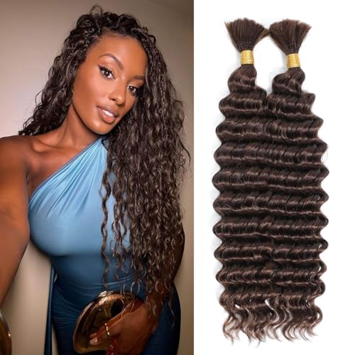 Urbeauty Human Braiding Hair - 18 Inch Deep Wave Curly Bulk Boho Braids, Medium Brown #4 for Boho Island Twist, Locs, Box, Bohemian Gypsy Goddess Braids