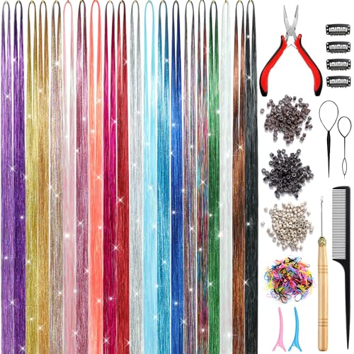 Hair Tinsel Kit (20 Colors, 4400 Strands, 48 Inches) Sparking Tinsel Hair Extensions Kit with Tools, Fairy Hair Tinsel Kit Heat Resistant Highlights Glitter Hair Extensions Hair Tensile Kit