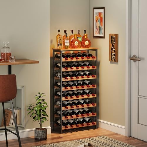 48 Bottles Wine Rack Freestanding Floor with Wood Top, 8 Tier Wine Bottle Holder, Wine Storage for Kitchen Pantry, Tall Wine Bar Stand Shelf Display 25.2''L X 10.7''W X 47.2''H