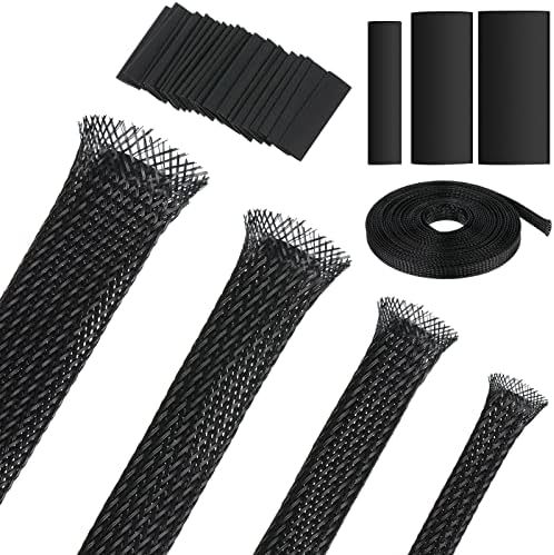 Tatuo 65.6 ft Expandable Braided Cable Sleeve Multi Size Braided Wire Sleeve with 120 Pcs Heat Shrink Tubing for Television Audio Computer Cables Video Pets,1/4 in,2/5 in,1/2 in,3/4 in(Black)