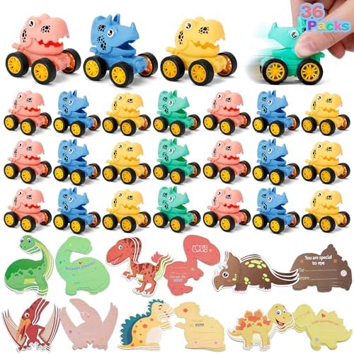 36 Pack Valentines Day Cards for Kids School - 36 Dinosaur Pull Back Cars Toys with Valentines Cards for Kids Classroom- Kid Valentine's Classroom Exchange Prize Toy Boys Girls Valentine Party Favors