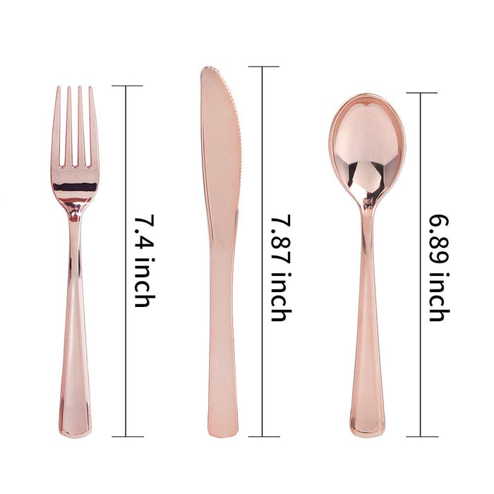 WDF 300 Pieces Rose Gold Plastic Silverware- Disposable Flatware Set - Heavy Duty Plastic Cutlery Includes 100 Forks, 100 Spoons, 100 Knives Perfect for Wedding, Party, Christmas