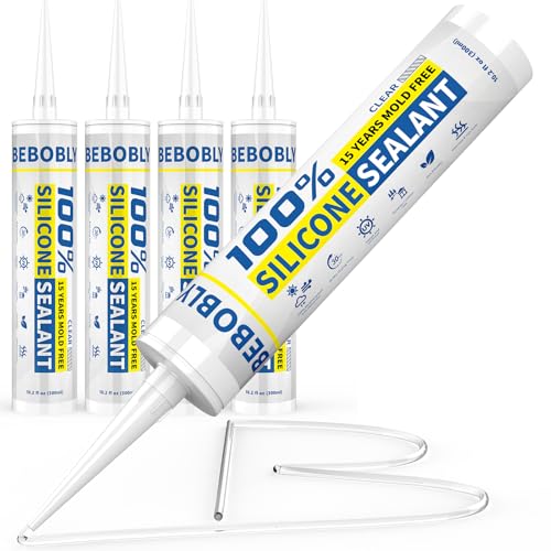 Silicone Caulk & Sealant Clear, 100% Waterproof Silicone Sealant, Shrink & Crack Proof, Silicone Sealant Caulking for Kitchen, Bathroom, RV, Interior & Exterior Use, 10.2 FL. OZ/300ML, 4 Pack