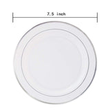 WELLIFE 144 Pieces Silver Plastic Dessert Plates, 7.5 inch Disposable Salad Plates, Premium White Appetizer Plates with Silver Rim, Ideal for Party, Wedding