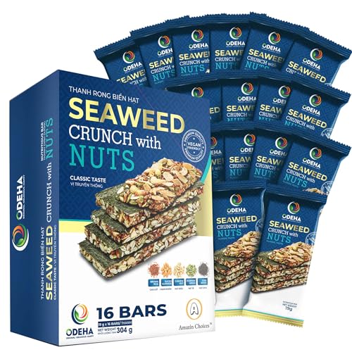 Seaweed Crunch with Nuts Classic Taste. Includes 16 ct -10.7 Oz Vegan Seaweed Snack Bars with Cashews, Almonds & Pumpkin Seeds by Amazin Choices. Premium Snack,Snack Strips, Asian Chips Variety Pack, Seaweed Sheets