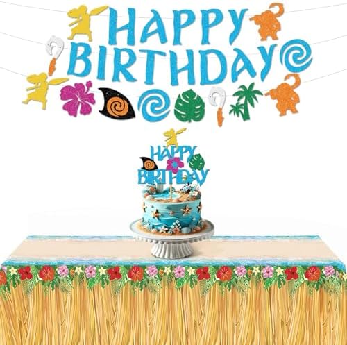 Moana Birthday Decorations Set - Moana Cake Topper, Banner, and Table cloth - Perfect Beach Party Decorations for Baby Moana Themed Birthday