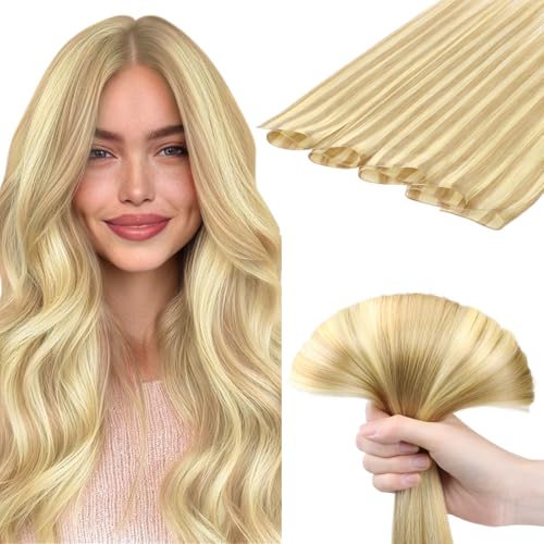 DOORES Genius Weft Hair Extensions Remy Human Hair, 20 Inch Drity Blonde Highlight Golden Blonde 60g, Hand Tied Extensions Human Hair