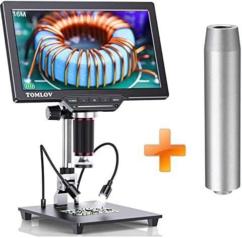 TOMLOV DM202 10.1 Inch HDMI LCD Digital Microscope + 6" Extension Tube ET02,10" Enhanced Stand Included,16MP Coin Microscope with Screen for Adults,Soldering Microscope,TV/Windows/Mac Compatible,32GB