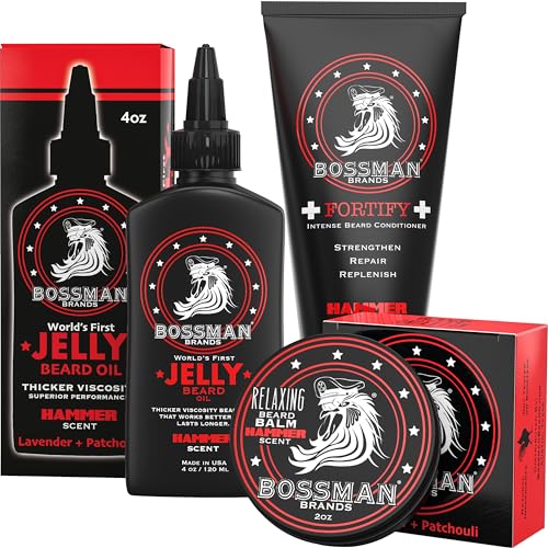 Bossman Essentials Beard Kit - Made in USA - Jelly Beard Oil - Conditioner - Beard Balm - Natural Ingredients (Hammer Scent)