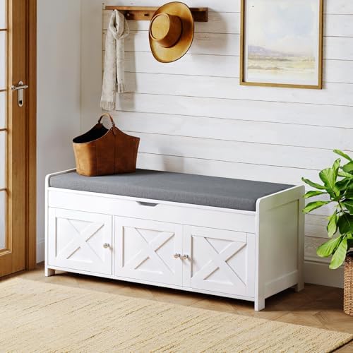 Pipishell 2-Tier Shoe Storage Bench with Cushioned Seat, Entryway Bench with Adjustable Shelf & Barn Doors, 300 lbs Capacity, 43.4" W x 16" D x 18" H, for Entryway, Bedroom, Living Room, White