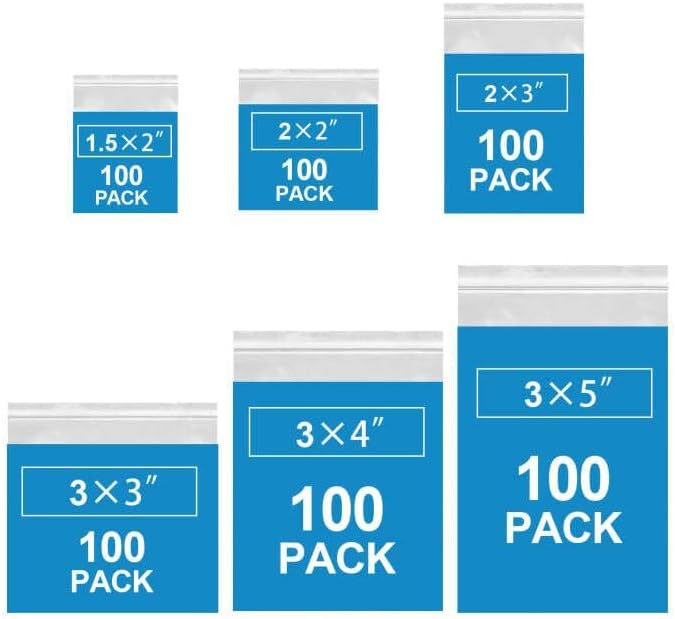 600 Pack Mini Zipper Lock Plastic Bags, Assorted Sizes (1.5x2, 2x2, 2x3, 3x3, 3x4, 3x5 Inch) – Clear, Resealable Storage Bags for Jewelry, Beads, Pills, Toys, Snacks – 2 Mil Thick