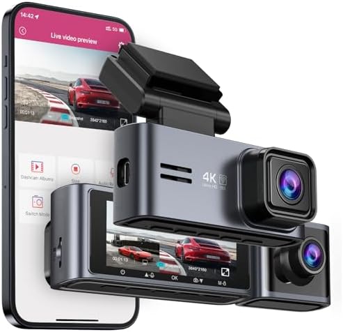 OMBAR Dash Cam Front and Inside, 5G WiFi GPS Dash Cam 4K+1080P Included 64GB Card with 3.18" LCD Screen, Dash Camera for Cars 24/7 Recording, Dash Camera with IR Night Vision, WDR, G-Sensor, App