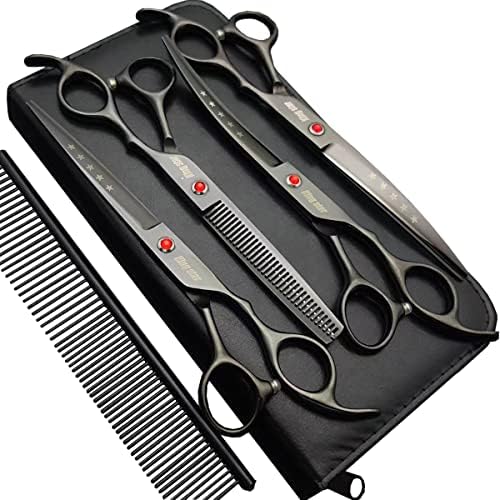 7.0in Titanium Professional dog Grooming Scissors set,Straight & Thinning & Curved scissors 4pcs set for Dog grooming Bright Black With Comb