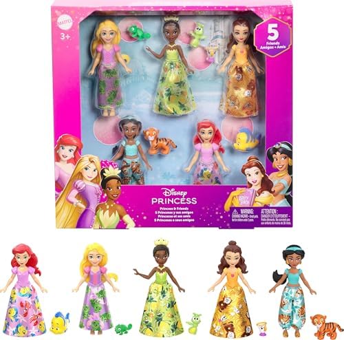 Mattel Disney Princess & Friends Set with 5 Posable Small Dolls in Removable Skirts or Pants & 5 Friend Figures, Inspired by The Disney Movies