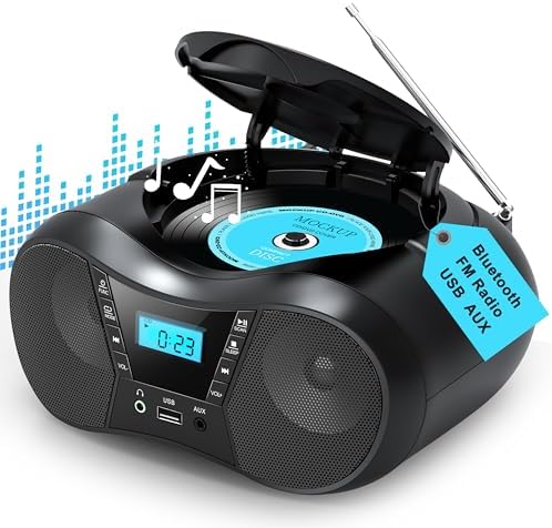 Boombox Portable CD Players for Home with Bluetooth, Boombox CD Player FM Radio Combo, Stereo Sound, AC/Battery Powered, CD/CD-R/RW Compatible, Support AUX/USB/Headphone, Sleep Timer, Repeatable