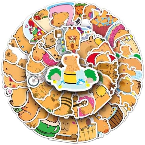 50pcs Capybara Stickers, Cute Capybara Stickers for Kids Teens Adults, Animal Stickers for Water Bottles, Laptop, Brown Stickers Waterproof Cartoon Animal Decals