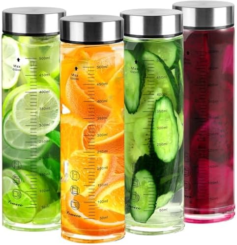 Glass Juice Bottles 4 Pack 20 oz - Wide Mouth Glass Water Bottles with Lids - for Juicing, Protein, Smoothie, Milk, Reusable, BPA Free, Stainless Steel Lids, Blender, Shaker Bottle (20oz/600ml)