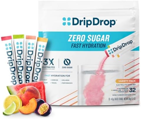 DripDrop Hydration - Zero Sugar Variety Pack - Electrolyte Drink Mix Powder Packets - Lemon Lime, Watermelon, Peach, Passion Fruit | Non-GMO, Gluten Free, Vegan | 32 Sticks