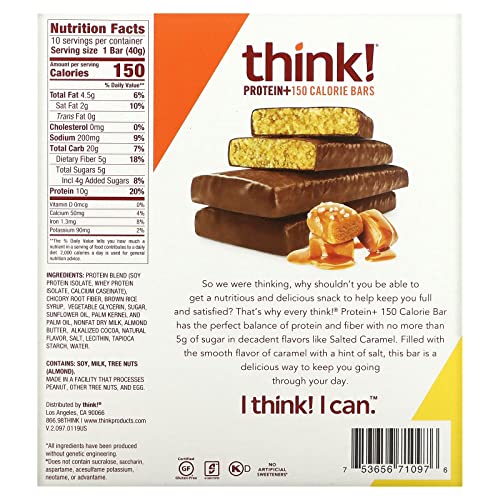 think! (thinkThin) Protein+ 150 Calorie Bars - Salted Caramel, 10g Protein, 5g Sugar, No Artificial Sweeteners**, Gluten Free, GMO Free*, 1.4 oz bar (10 Count - Packaging May Vary)