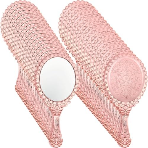 Qunclay 48 Pcs Vintage Handheld Mirror, 9.8" L x 4.5" W Small Rose Gold Embossed Portable Princess Mirror for Classroom Kids Princess Party Favors Travel